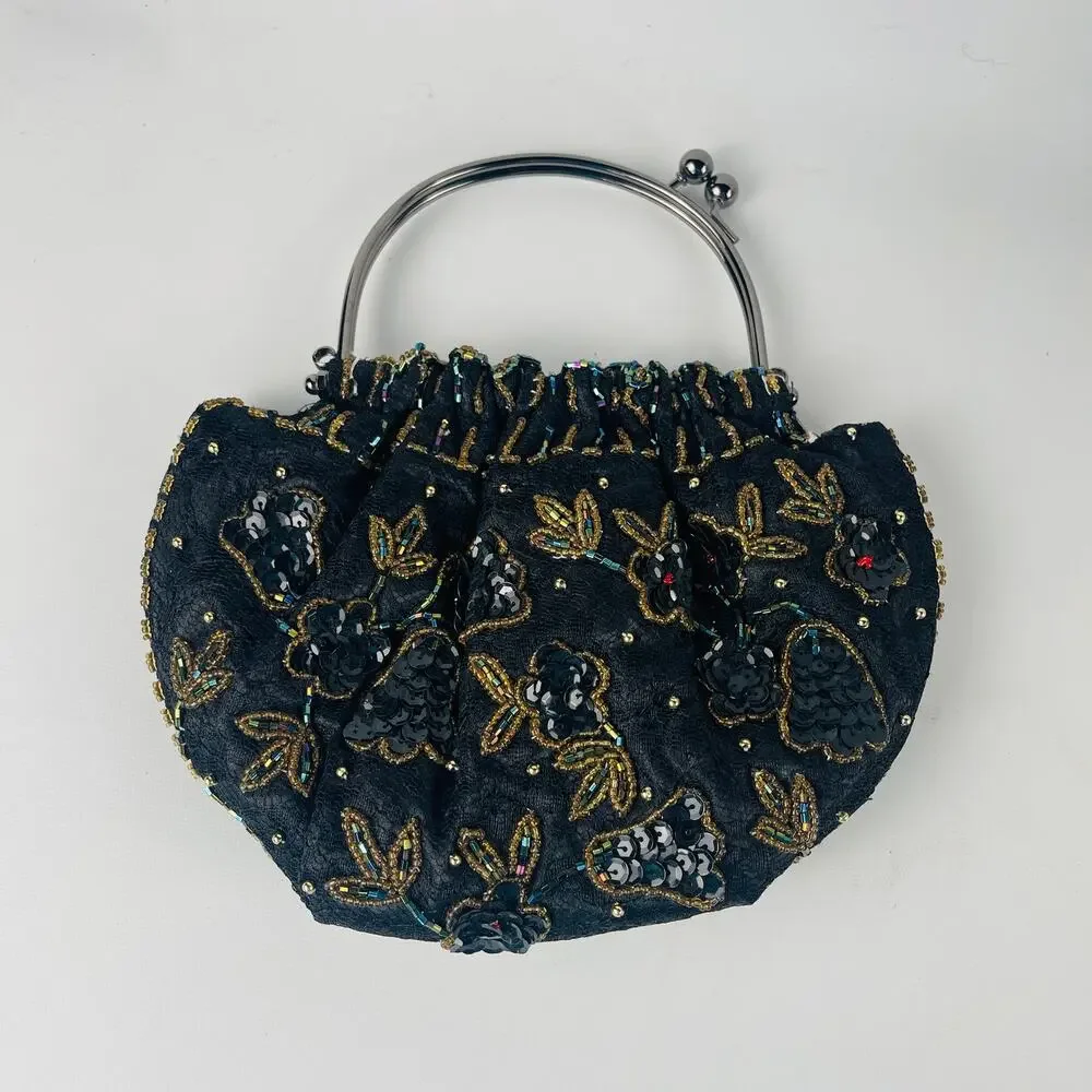 Black Sequined Beaded Evening Bag Silver Handles Kiss Closure